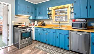 Retro Kitchen Design With Turquoise Cabinets